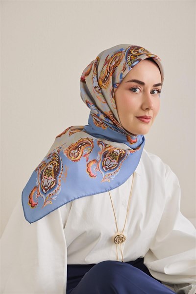 Twill İpek Eşarp Şal Desen Gök Mavi 90x90