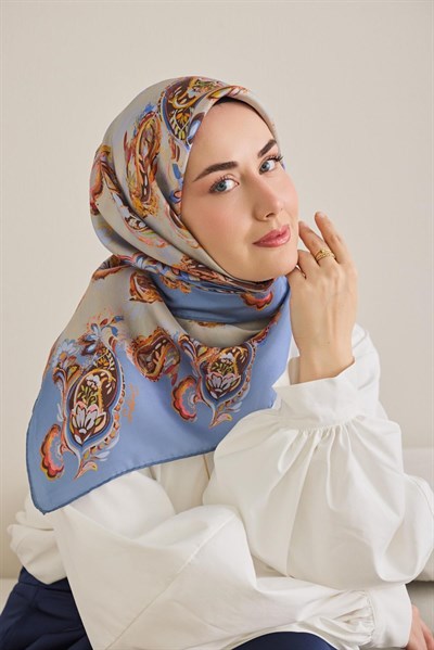 Twill İpek Eşarp Şal Desen Gök Mavi 90x90