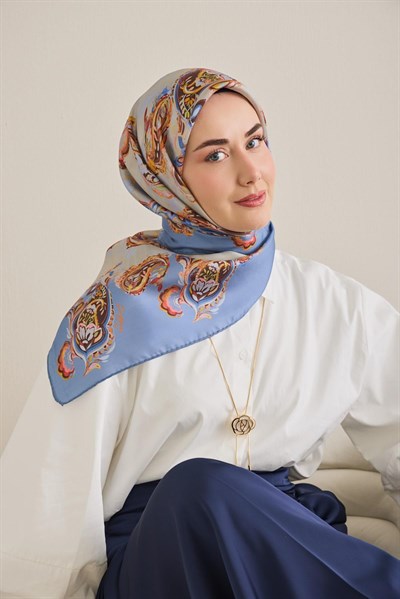 Twill İpek Eşarp Şal Desen Gök Mavi 90x90