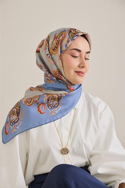 Twill İpek Eşarp Şal Desen Gök Mavi 90x90