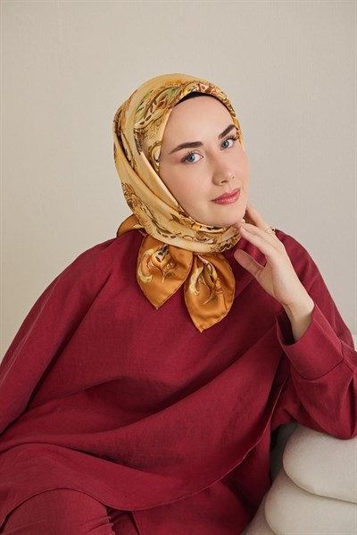 Twill İpek Eşarp Şal Desen Koyu Turuncu 90x90