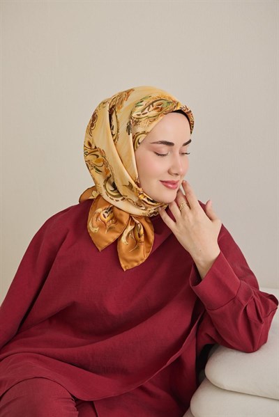 Twill İpek Eşarp Şal Desen Koyu Turuncu 90x90