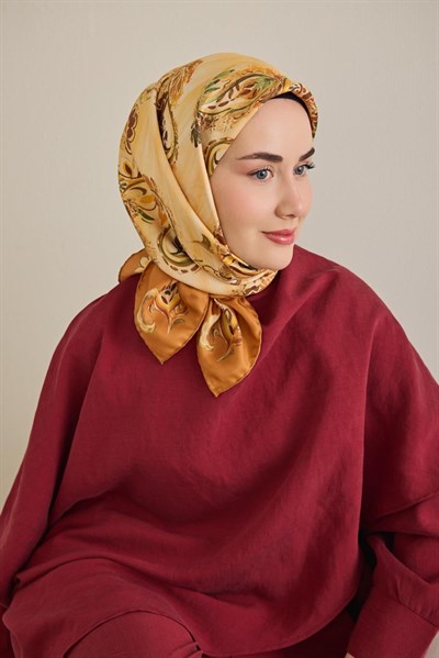 Twill İpek Eşarp Şal Desen Koyu Turuncu 90x90