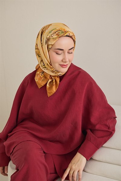Twill İpek Eşarp Şal Desen Koyu Turuncu 90x90