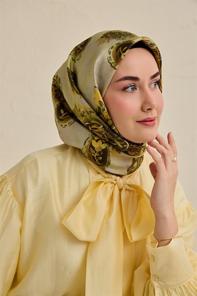 Twill İpek Eşarp Şal Desen Küf Yeşili 90x90
