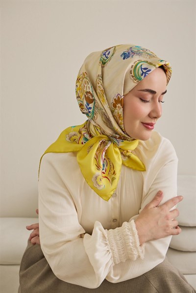 Twill İpek Eşarp Şal Desen Sarı 90x90