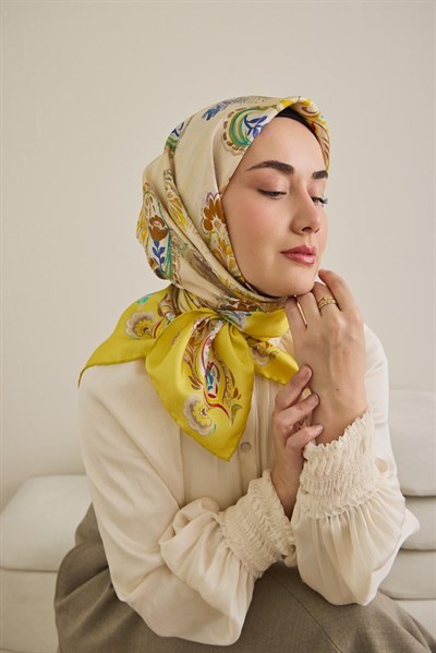 Twill İpek Eşarp Şal Desen Sarı 90x90
