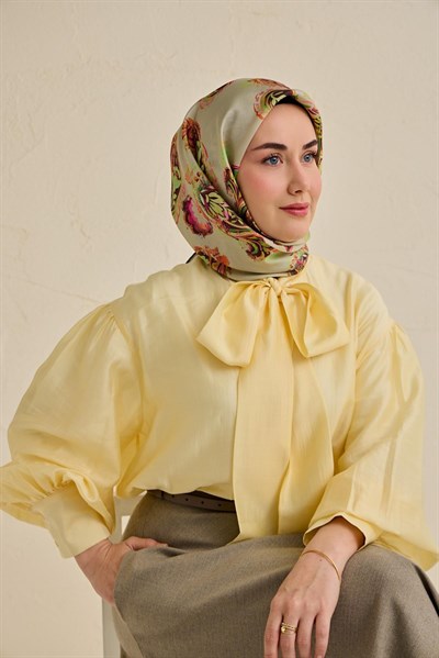 Twill İpek Eşarp Şal Desen Su Yeşili 90x90