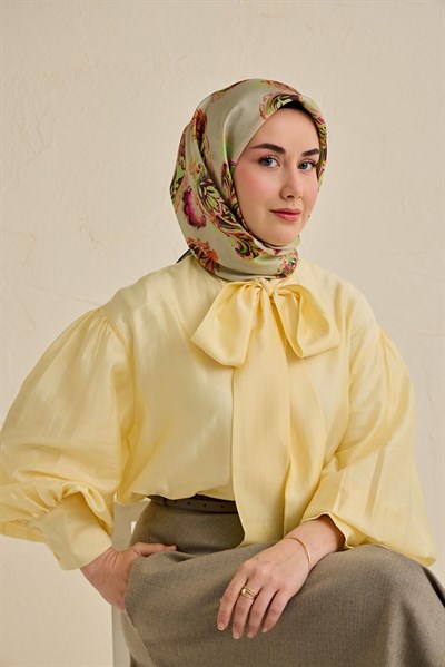 Twill İpek Eşarp Şal Desen Su Yeşili 90x90