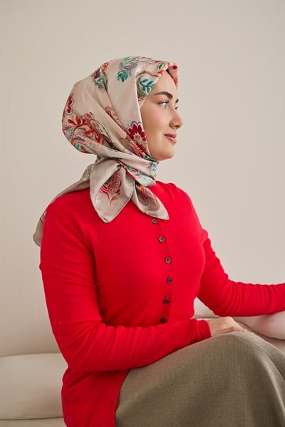 Twill İpek Eşarp Şal Desen Uçuk Gri 90x90