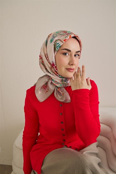 Twill İpek Eşarp Şal Desen Uçuk Gri 90x90