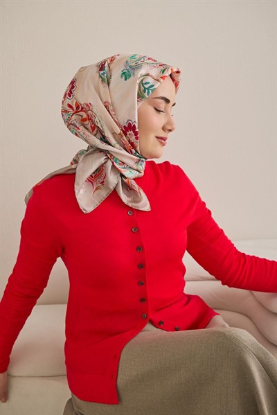 Twill İpek Eşarp Şal Desen Uçuk Gri 90x90