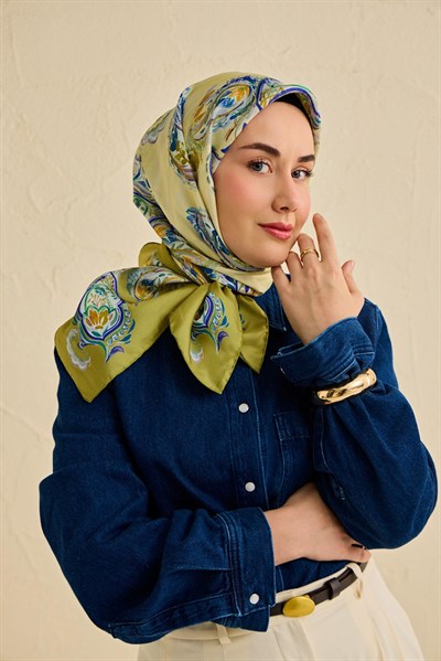 Twill İpek Eşarp Şal Desen Yeşil 90x90