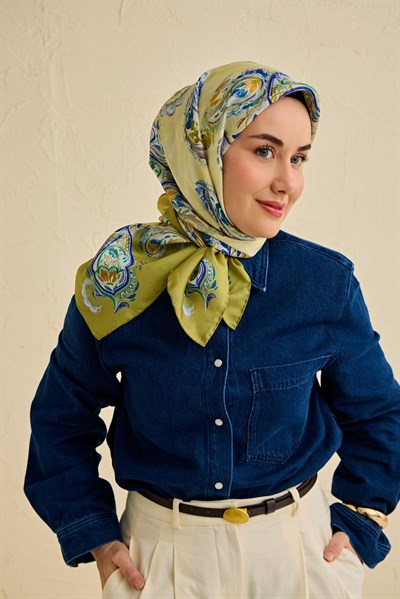 Twill İpek Eşarp Şal Desen Yeşil 90x90