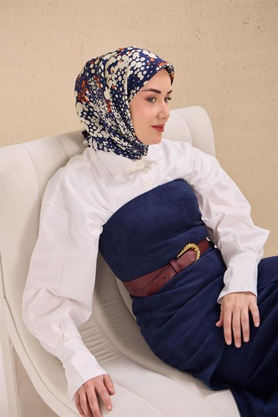 Twill İpek Eşarp Samanyolu Lacivert Turuncu 90x90