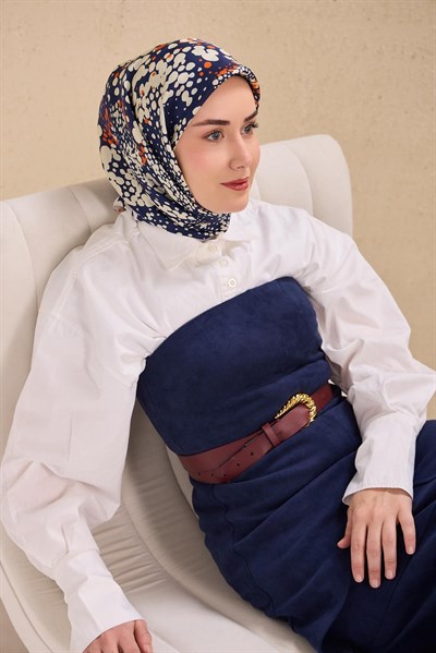 Twill İpek Eşarp Samanyolu Lacivert Turuncu 90x90