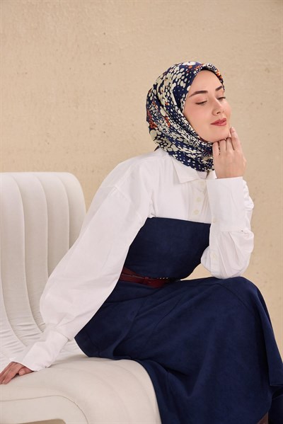 Twill İpek Eşarp Samanyolu Lacivert Turuncu 90x90