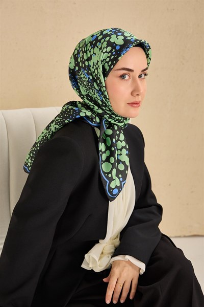 Twill İpek Eşarp Samanyolu Siyah Yeşil 90x90
