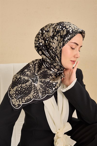 Twill İpek Eşarp Samanyolu Siyah Yeşil Gri 90x90