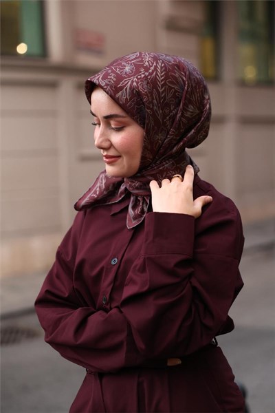 Twill İpek Eşarp Şarabi-Pastel Mor Çiçek Desenli Tok Duruşlu Kaymaz 90x90