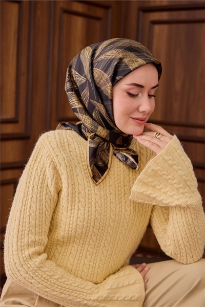 Twill İpek Eşarp Siyah-Açık Gold Gold Geçişli Kaymaz Tok Duruşlu 90x90