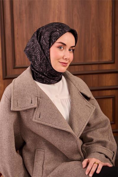 Twill İpek Eşarp Siyah Çiçek Desen 90x90