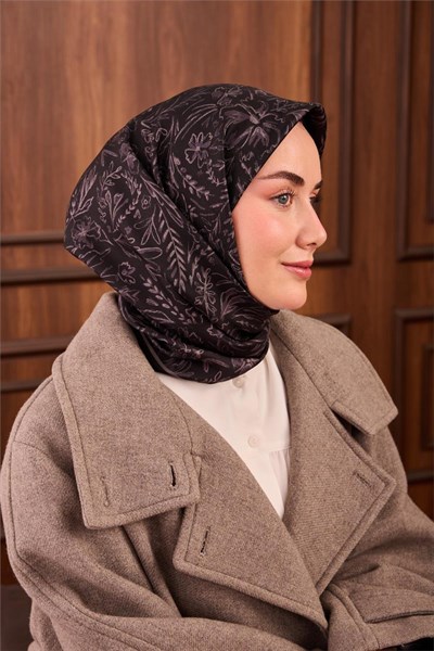 Twill İpek Eşarp Siyah Füme Çiçek Desenli Tok Duruşlu 90x90