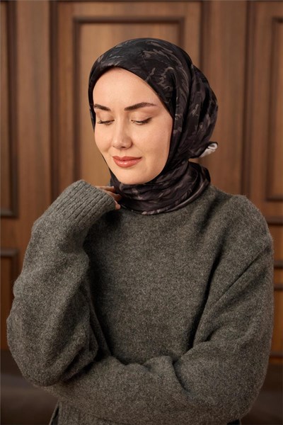 Twill İpek Eşarp Siyah-Gri Desenli Tok Duruşlu 90x90