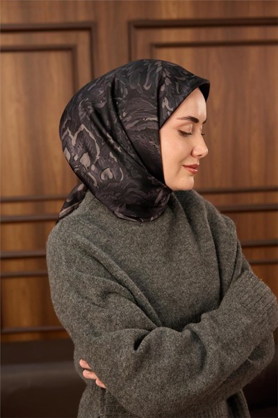 Twill İpek Eşarp Siyah-Gri Desenli Tok Duruşlu 90x90
