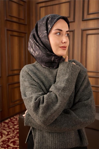 Twill İpek Eşarp Siyah-Gri Desenli Tok Duruşlu 90x90
