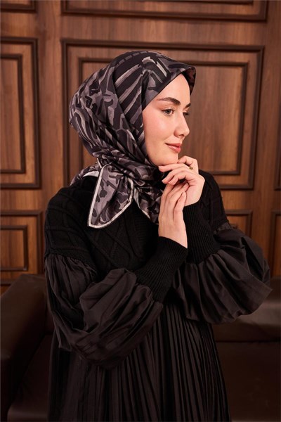 Twill İpek Eşarp Siyah-Gümüş Kamuflaj Desenli Tok Duruşlu 90x90