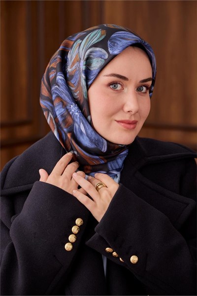 Twill İpek Eşarp Siyah-Kahverengi Yaprak Desenli Tok Duruşlu 90x90
