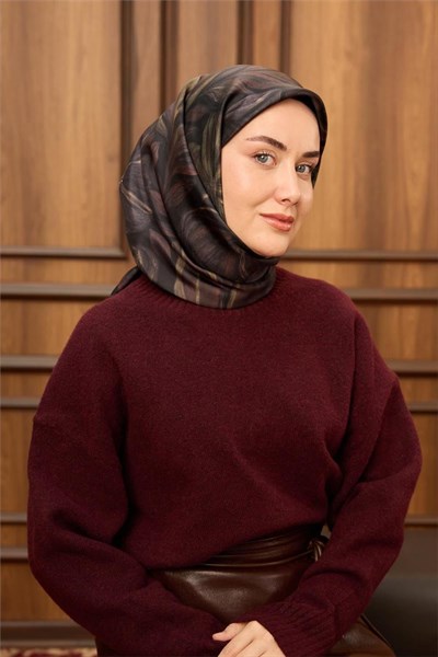 Twill İpek Eşarp Siyah-Kimyon Soyut Desenli Tok Duruşlu 90x90