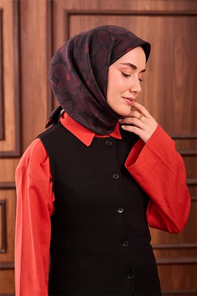 Twill İpek Eşarp Siyah Kırmızı Antrasit Papatya Desenli Tok Duruşlu 90x90