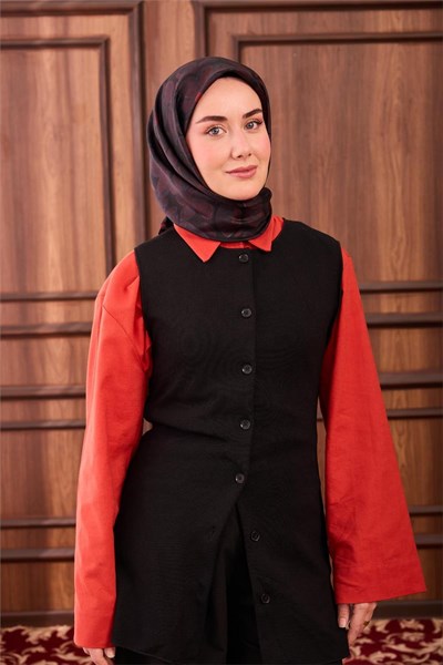 Twill İpek Eşarp Siyah Kırmızı Antrasit Papatya Desenli Tok Duruşlu 90x90