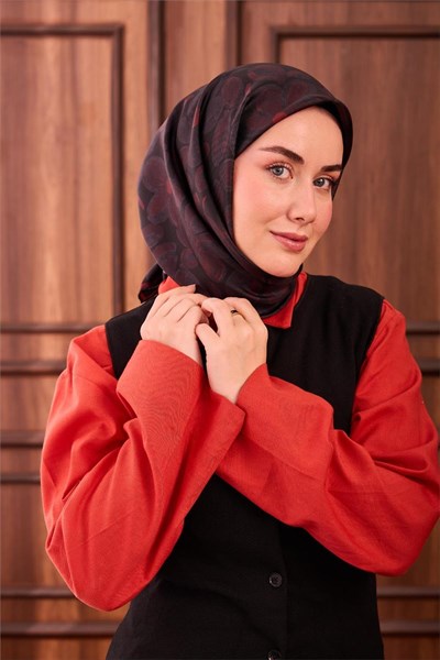 Twill İpek Eşarp Siyah Kırmızı Antrasit Papatya Desenli Tok Duruşlu 90x90