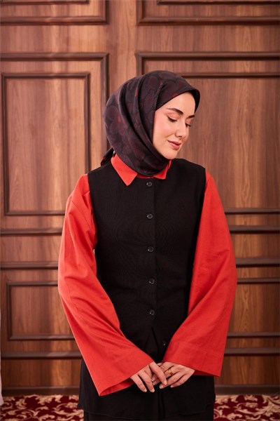 Twill İpek Eşarp Siyah Kırmızı Antrasit Papatya Desenli Tok Duruşlu 90x90