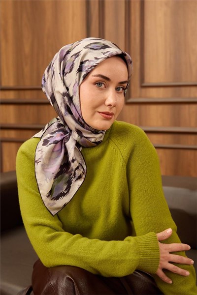Twill İpek Eşarp Siyah-Koyu Mor Soyut Desenli Tok Duruşlu 90x90