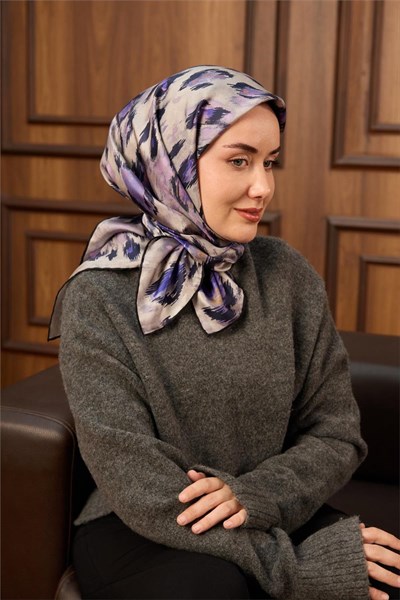 Twill İpek Eşarp Siyah-Leylak Desenli Tok Duruşlu 90x90