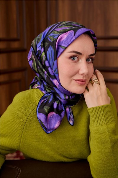 Twill İpek Eşarp Siyah-Mor Yeşil Çiçek Desenli Tok Duruşlu 90x90