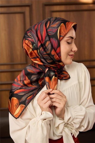 Twill İpek Eşarp Siyah-Turuncu Yaprak Desenli Tok Duruşlu 90x90