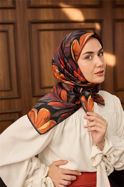 Twill İpek Eşarp Siyah-Turuncu Yaprak Desenli Tok Duruşlu 90x90