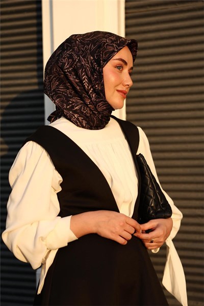 Twill İpek Eşarp Siyah Vizon Çiçek Desenli Tok Duruşlu 90x90