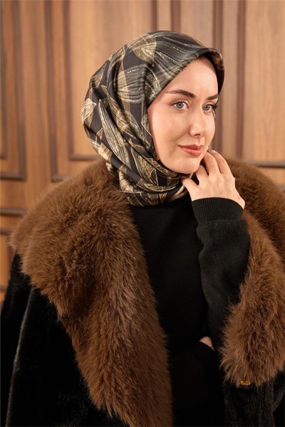 Twill İpek Eşarp Siyah-Vizon Krem Gold Geçişli Kaymaz Tok Duruşlu 90x90
