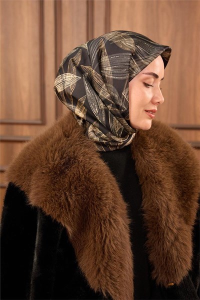 Twill İpek Eşarp Siyah-Vizon Krem Gold Geçişli Kaymaz Tok Duruşlu 90x90