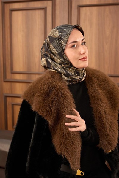Twill İpek Eşarp Siyah-Vizon Krem Gold Geçişli Kaymaz Tok Duruşlu 90x90