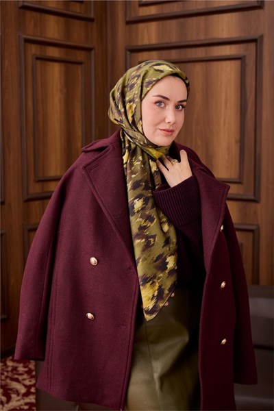 Twill İpek Eşarp Siyah-Yeşil Desenli Tok Duruşlu 90x90
