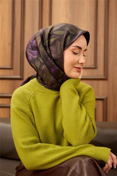 Twill İpek Eşarp Siyah-Yeşil-Mor-Pembe Desenli Tok Duruşlu 90x90