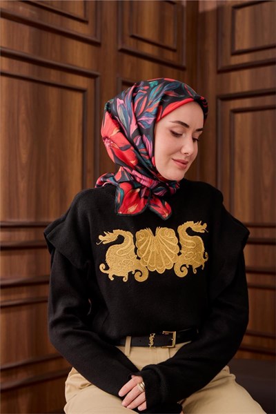Twill İpek Eşarp Siyah-Zümrüt Mercan Desenli Tok Duruşlu 90x90