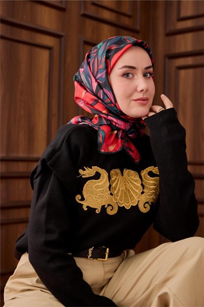 Twill İpek Eşarp Siyah-Zümrüt Mercan Desenli Tok Duruşlu 90x90